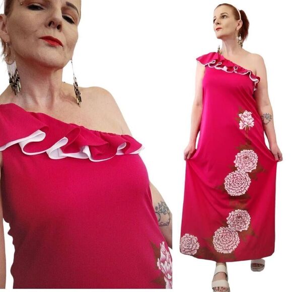 Alfred Shaheen VTG RARE Pink One Shoulder Hand Painted Maxi Dress Size 10 - Picture 2 of 13